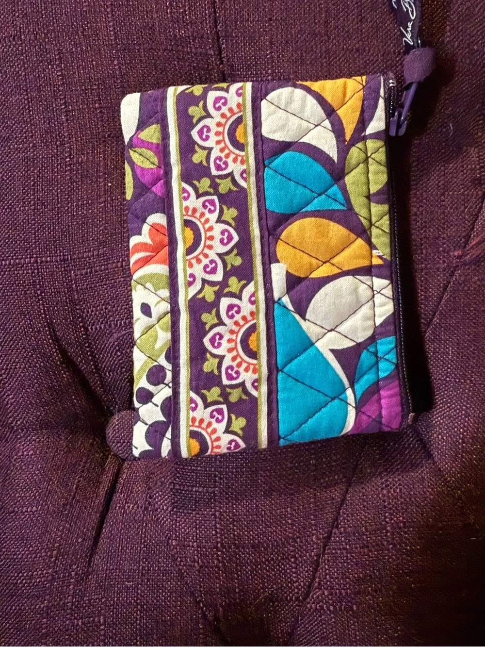 Vera Bradley Quilted Wristlet Pouch in Purple with Turquoise & Yellow Accents